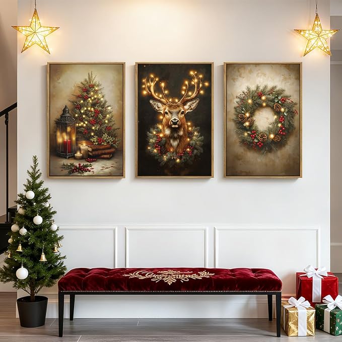 Anyzal Christmas Wall Art Winter Christmas Tree Prints Santa Elk Wall Decor for Living Room Bedroom Dining Room 12x16 Inch