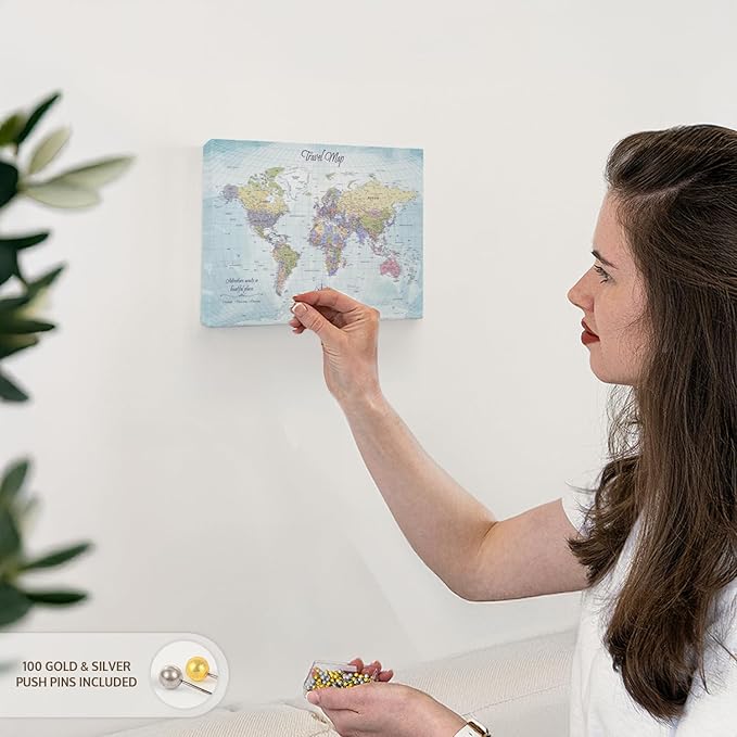 ElephantStock - Push Pin Travel Map World I Wall Art - Horizontal Canvas Wall Art - Living Room Wall Decor - Printmaking Map Canvas Art - Blue And Beige Decor - 12" x 8"