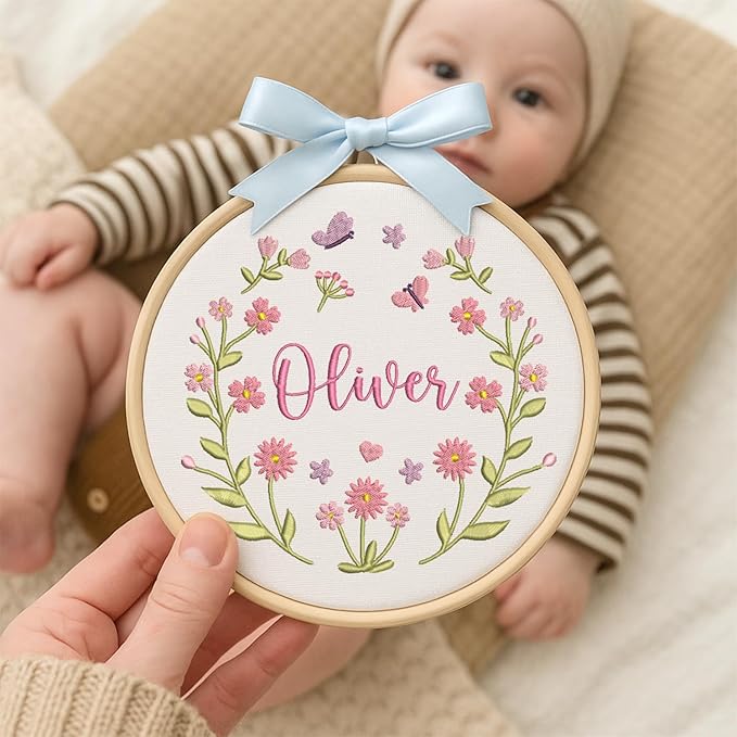 Personalized Baby Name Sign Welcome Baby Announcement Sign Newborn Baby Embroidery Hoop with Bows Baby Hospital Name Sign Custom Infant Baby Name Baby Shower Gifts (04)