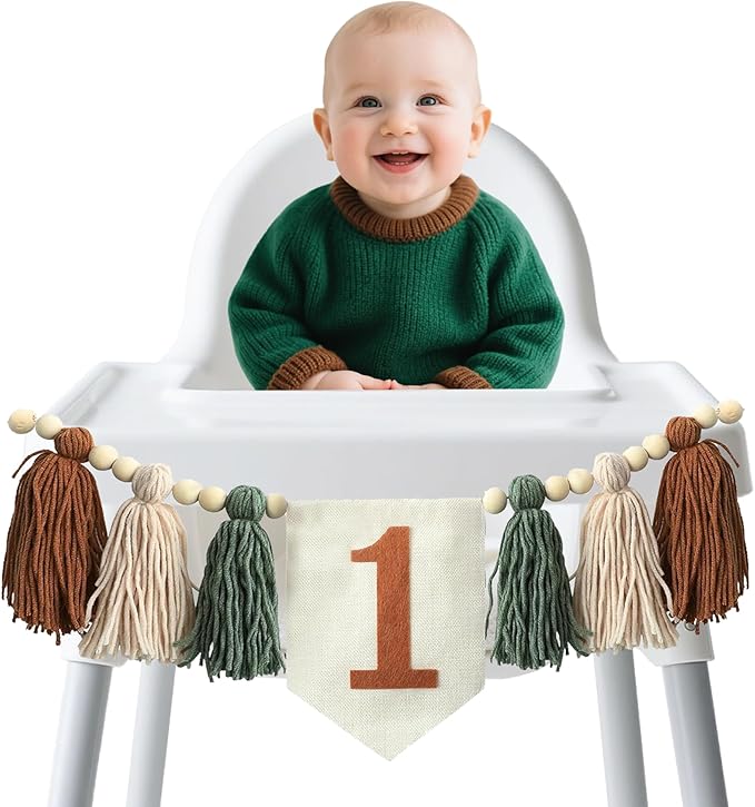 Jungle Wild One Handmade 1st Birthday High Chair Banner First Highchair Banner For Baby Boys Green Brown Wall Hangings Boho Wood Bead Tassel Garland 1 Birthday Party Decorations Photo Props