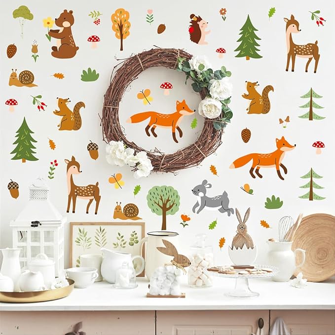 Woodland Forest Animals Wall Stickers – 80 Pcs Cute Deer, Fox, Bear & Tree Vinyl Decals, Removable Waterproof Nursery Wall Art Decor | A Simple Peel Creates a Cozy Nature Retreat (6 Sheets)