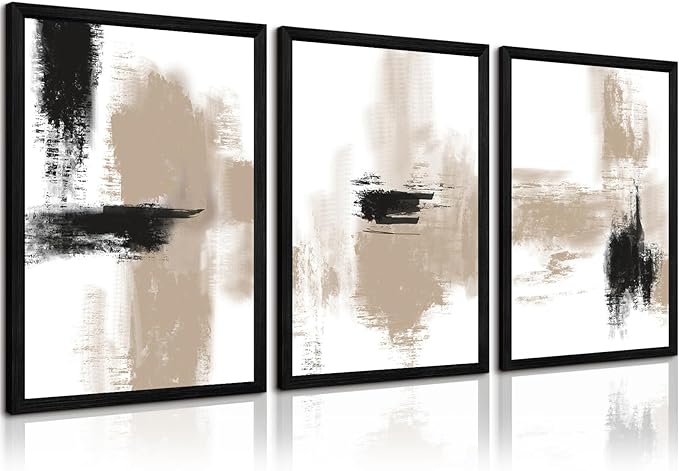 Beige Abstract Wall Art Painting Set of 3 Neutral Canvas Wall Art Prints Black Beige Modern Wall Decor Minimalist Art Pictures Abstract Modern Artwork for Room Bedroom 16x24 Inch Wood Framed