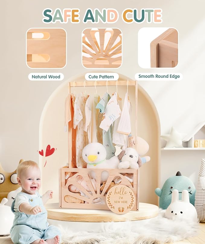 Wooden Baby Shower Crate Closet-Baby Shower Basket with Handle Hanger Rack String Lights Welcome Gift Basket Wooden Crate for Baby Shower Newborn Boys Girls Pregnancy Gifts for New Parents X-Large
