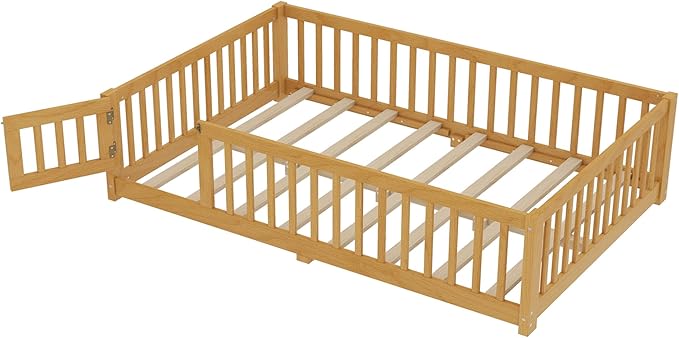 Harper & Bright Designs Full Floor Bed with Safety High Fence, Wood Montessori Bed with Door, Full Size Floor Beds with Solid Wood Support Slats for Boys, Girls, Kids, Natural