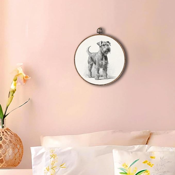 Vintage Schnauzer Round Wall Art Framed, Retro Schnauzer Dog Round Wall Decor, Dog Lover Gifts Hanging Canvas Print Wall Sculpture for Farmhouse Home Living Room Decor, 10x10 Inch