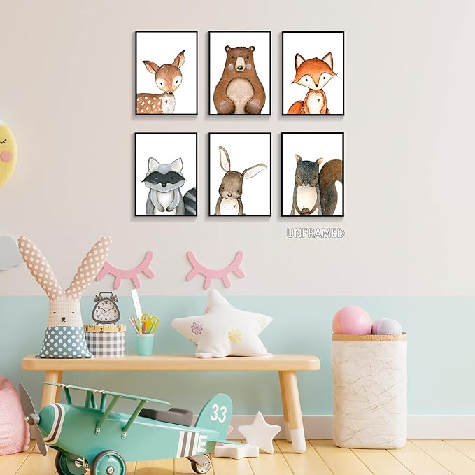 gooptyinh 6 Pieces Woodland Animals Nursery Canvas Wall Art Cute Safari Jungle Animal Deer Bear Bunny Pictures Room Posters Farmhouse Forest Theme Fox Squirrel Raccoon Prints Decor 8x10in Unframed