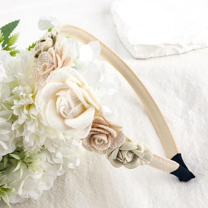 Flower Headbands for Girls Kids Toddlers Rose Floral Headpiece Non Slip Elegant Wedding Flower Crown Hairband Spring Summer Fashion Cloth Headdress Accessories for Birthday Party (Beige)