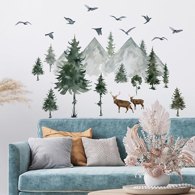 Watercolor Mountain Pine Tree Wall Decals Forest Tree Woodland Deer Birds Wall Stickers for Kids Bedroom Newsery Living Room Wall Decor