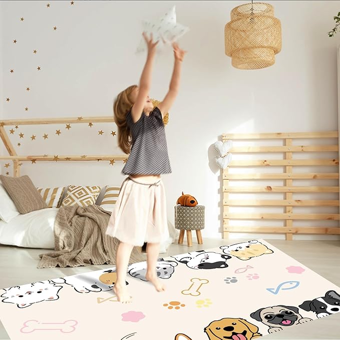 Washable Cute Rugs for Living Room Bedroom Kids Room Decor, 63"x 31.5" Soft Dog Kitty Pattern Carpet Rugs Toddler Nursery Floor Playmat Non-Shedding, Teen Girls Boys Bedside Rug Neutral