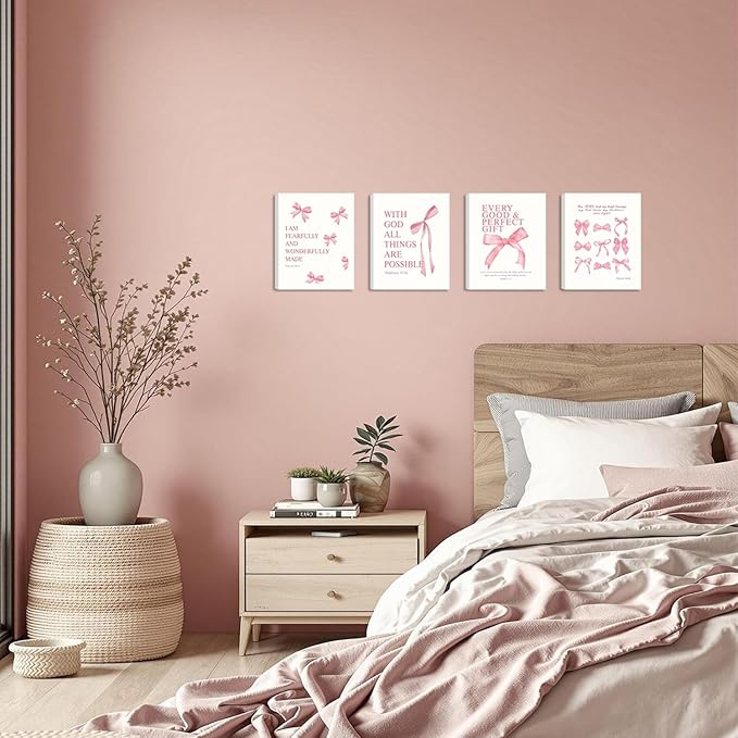 Coquette Pink Bow Y2K Bible Verse Wall Art Set of 4, Christian Scripture Inspirational Canvas Prints, Cute Girly Preppy Aesthetic Religious Wall Decor for Bedroom Nursery Living Room Home 8x10In Framed