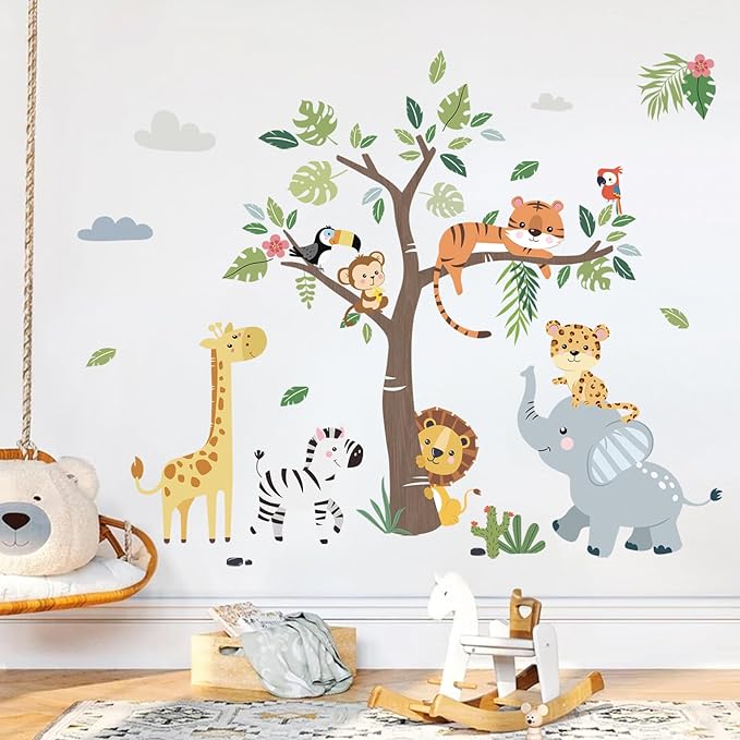 decalmile 2 Packs of Jungle Animals Tree Wall Decals Monkey Elephant Giraffe Lion Safari Wall Stickers Kids Room Baby Nursery Bedroom Wall Decor