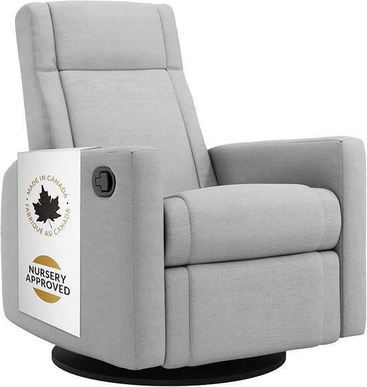 Jaymar Nelly Modern Nursery Glider Recliner Chair – Cozy Nursing Chair with 360° Swivel for New Parents, Gentle Motion, Compact Design, Lumbar Support – Made in Canada (Dove Grey/Como Fabric)
