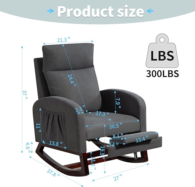 Rocking Chair Nursery Glider Chair with Foot Rest, Nursery Rocking Chairs with Rubber Wood Legs Side Pocket, High Back Nursing Chair, Accent Rocker Arm Chair Baby Bedroom, Living Room, Gray