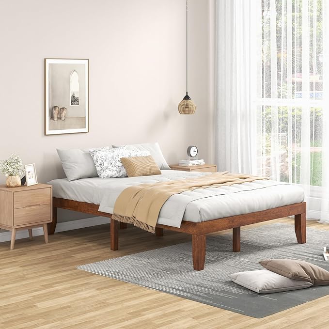 KOMFOTT 14 Inches Wood Platform Bed Frame Full Size, Wooden Mattress Foundation with Rubber Wood Frame, Strong Wooden Slat Support, No Box Spring Needed, Bed Frame (Brown Cherry)