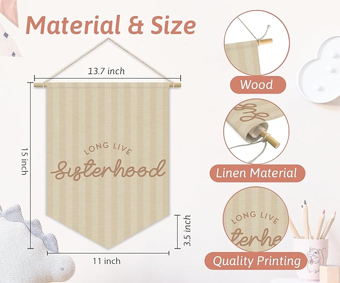 Girls Room Decor, Long Live Sisterhood Girl Nursery Linen Canvas Banner, Neutral Striped Wall Hanging Pennant Flag Banner for Girl Nursery Kids Room Bedroom Dorm Playroom Decor, 15x11in