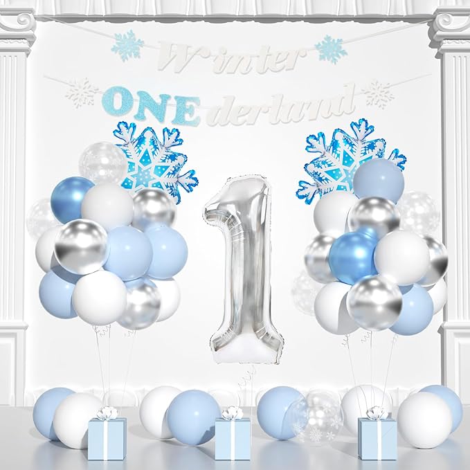 Winter Onederland Party Decorations, Winter Onederland 1st Birthday For Boy,Blue First Birthday Decorations For Boy With Blue White Balloons, Snowflake Balloons, Number 1 Balloon And Banner