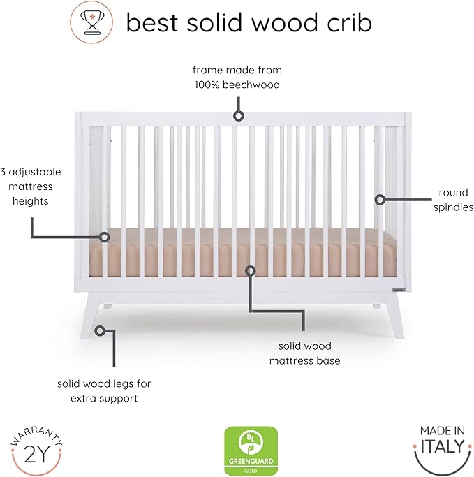 dadada Baby Soho 3 in 1 Convertible Wooden Crib to Toddler Bed - Made in Italy, GREENGUARD Gold Certified, Baby-Safe Finish, Sustainable Beech Wood, Modern Design, 3 Adjustable Heights (White)