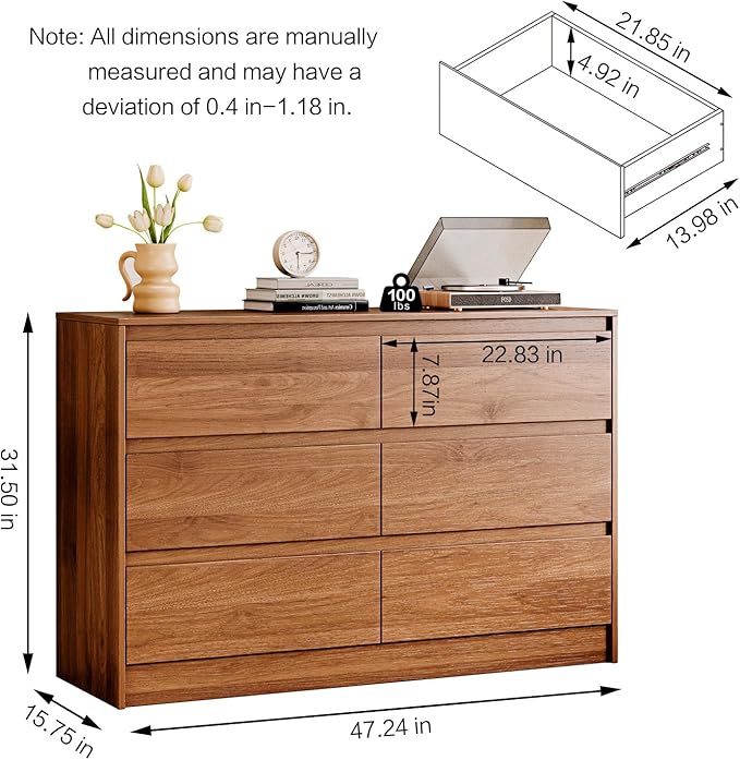 6 Drawer Dresser,47" Wide Mid Century Chest of Drawers,Wooden Bedroom Drawer Dresser with 6 Storage Drawers for Bedroom,Living Room,with Anti-Tipping Device,Dark Walnut