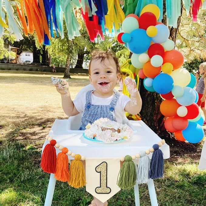 Handmade Rainbow 1st Birthday High Chair Banner Party Decoration For Girl Baby Wall Hangings Decorative Happy One Birthday Boy Photoshoot Props Photo Props