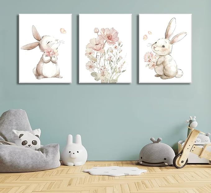 Grengel Pink Girl Nursery Bunny Canvas Wall Art Cute Rabbit Wildflowers Painting Pictures Wall Decor Botanical watercolor Flower Poster printing artwork For Baby Boys and Girls Playroom paintings