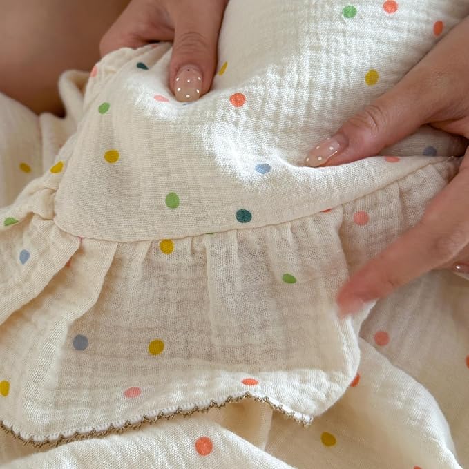 AOJIM Muslin Cotton Kids Duvet Cover 1 Piece for Girls and Boys - Super Soft Aesthetic Comforter Cover 79X90'' - Breathable Ruffled Edge Bedding Duvet Cover for Room Decor-Polka Dot Pattern, No Quilt