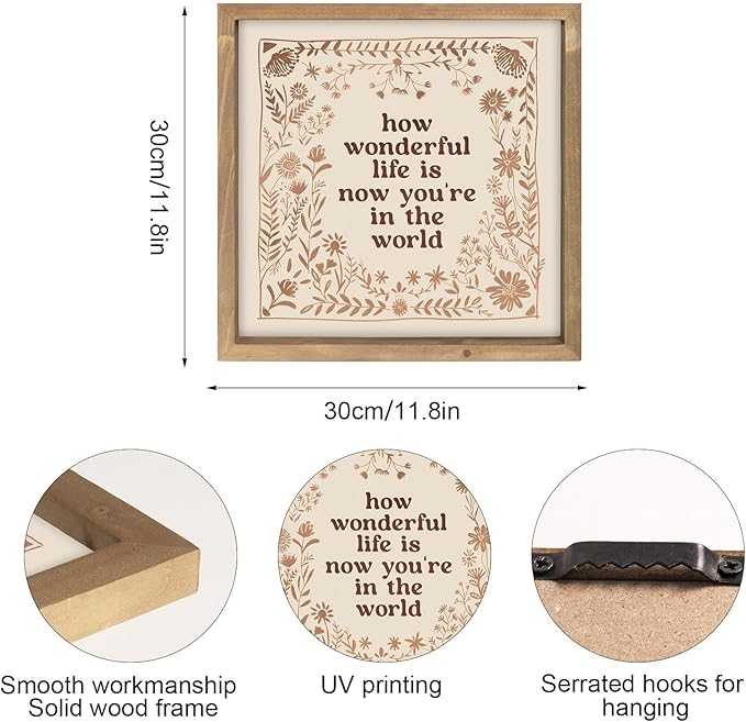 pechpell 11.8 Inch Nursery Wall Decor, Wooden How Wonderful Life Is Now You're In The World Sign, Boho Vintage Baby Girl Woodland Nursery Art Kids Room Table Shelf Decorations for Home Playroom
