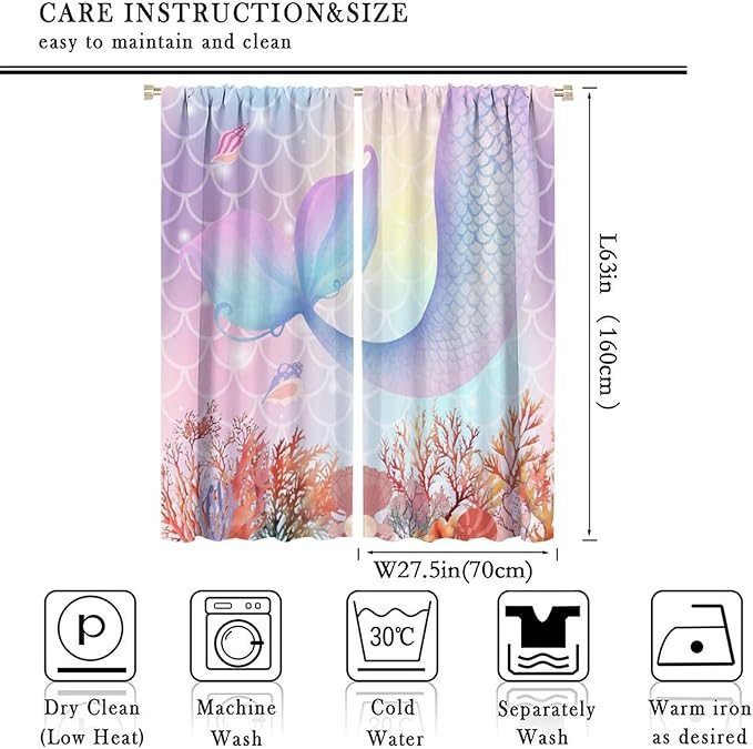 Dream Mermaid Curtains Colorful Mermaid Fish Tail Scale Fantasy Ocean Theme Beautiful Kids Window Treatment for Girls Bedroom Nursery Room Decor Rod Pocket Window Drapes 55x63in