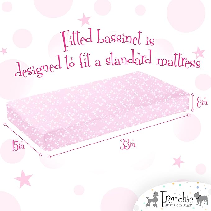Frenchie Mini Couture Bassinet Sheets 100% Woven Cotton Pink Stars, 15 x 33in, 2-Pack