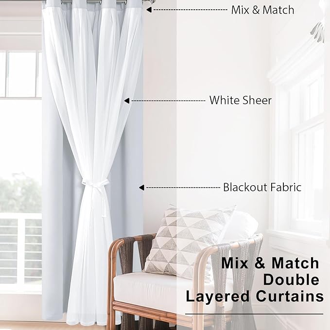 Hiasan Blackout Curtains with Sheer Overlay, Thermal Insulated Privacy Mix & Match Double Layer Window Curtains for Girls Bedroom, Living Room, 2 Drape Panels with Tiebacks, Greyish White, 42W X 84L