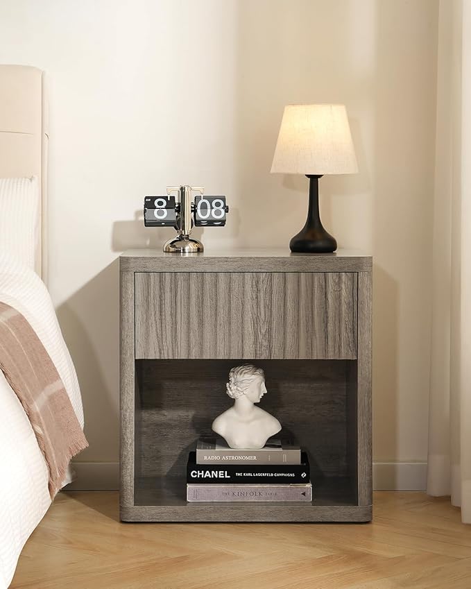 Night Stand Set of 2, Fluted Nightstand with Drawers, Wood Bedside Table with Storage, Bed Side Table Modern Nightstands Wide Night Stands, Sofa End Tables Side Tables for Bedroom Living Room