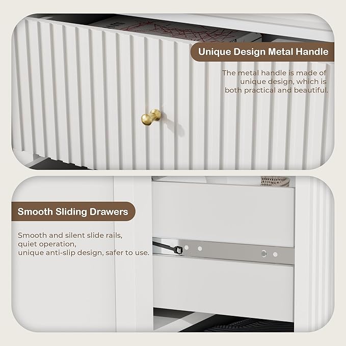 White Dresser for Bedroom, 6 Drawers Fluted Chest of Drawers with Storage, Modern Wide Storage Dresser with Paint Design, Wood Drawer Organizer White Dressers for Hallway, Entryway