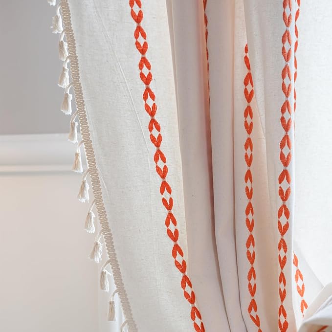 Deeprove Rust Orange Boho Curtains 96 inches Length for Living Room Bedroom Nursery, Bohemian 96" Long Embroidery Farmhouse Tassel Privacy Home Decor Accent for Fall Halloween, W52 x L96, 1 Panel