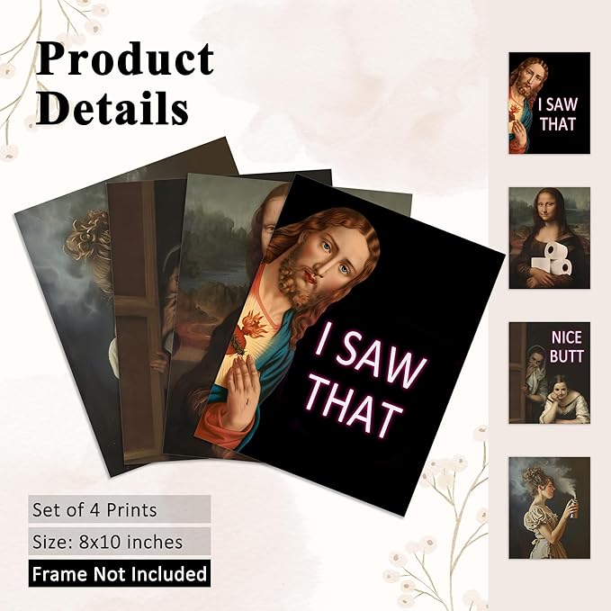 OFJE Funny Jesus I Saw That Classical Art Prints Set of 4, Vintage Humor Bathroom Wall Art for Bathroom Home Bedroom Living Room Decor,Funny Artwork Decor, 8x10 Unframed