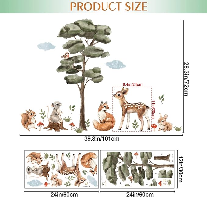 Amaonm 2 Sheet of 12x24 inch Watercolor Forest Tree Wall Decal Woodland Deer Squirrel Fox Wall Stickers 3D DIY Peel and Stick Jungle Wild Animal Pine Wall Decor for Kids Boys Bedroom Playroom Living Room Classroom Decoration (Tree animal)