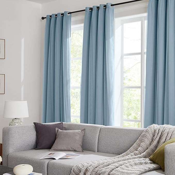 100% Blackout Curtains for Bedroom, Double Layer Blue Curtains, Black Out Curtain 96 inch Long with Sheer Overlay for Living Room, Room Darkening Window Drapes with Grommet, 52" W x 96" L