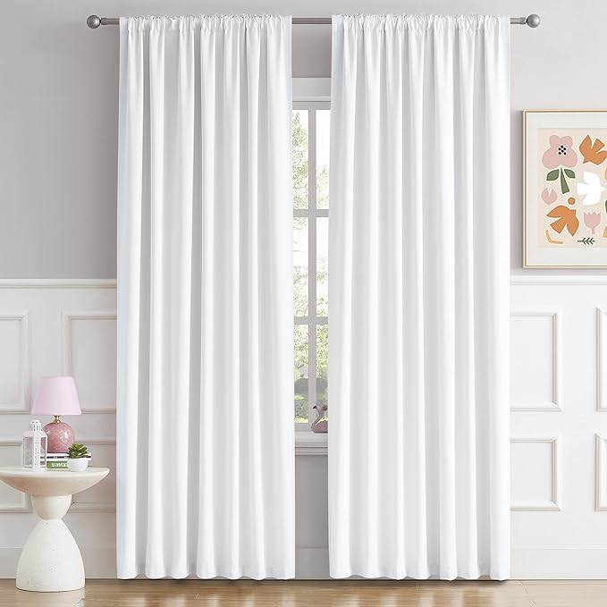 DUALIFE 70 Inch Wide White Window Curtains - 70 W x 84 L, Solid Room Darkening Privacy Assured Drapes for Sliding Door Rod Pocket and Back Tab Curtains, 2 Panels