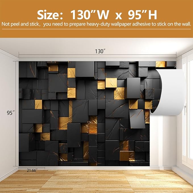 Black and Gold 3D Wallpaper Bedroom Abstract Geometric Squares Background Wall Mural for Living Room Office（Not Peel and Stick）