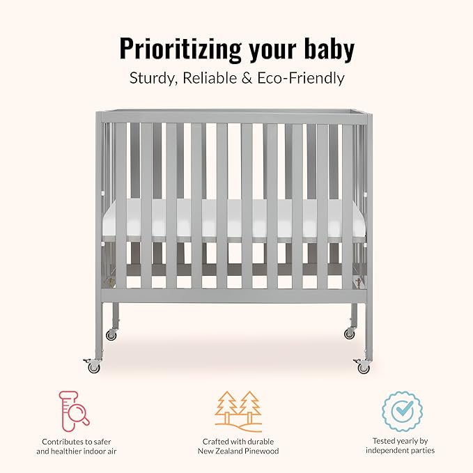 Dream On Me Jett Mini Folding Baby Crib in Pebble Grey, GreenGuard Gold & JPMA, Lightweight & Portable, Patented Flat Folding System, Small Spaces & Travel, 1.5” Mattress Pad, 3 Heights, Safe Wheels