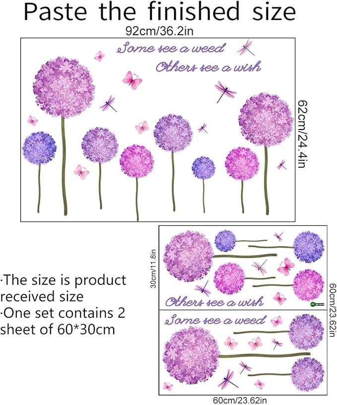 Dandelion Plant Wall Decals Flying Butterfly Dragonfly Wall Stickers Removable Violet Hydrangea Floral Wall Decor for Living Room Kids Bedroom Girls Bedroom Home Wall Decor