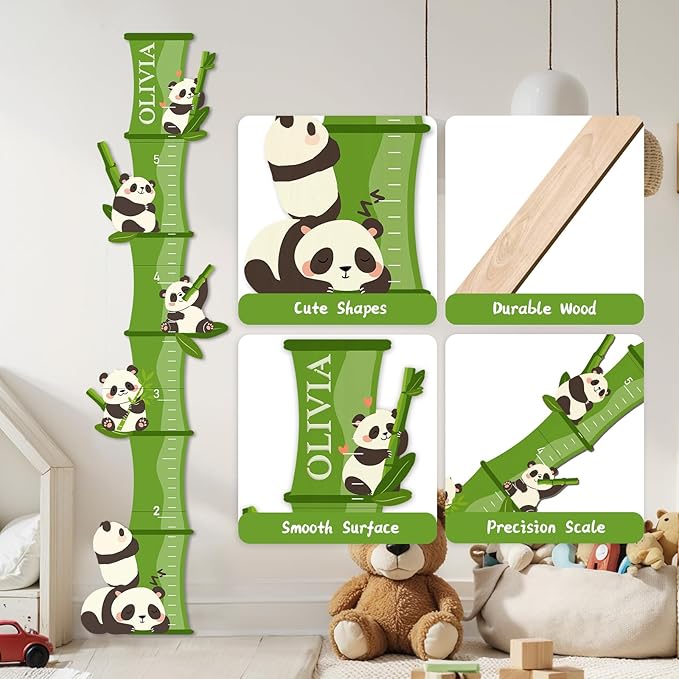 Personalized Bamboo Panda Wooden Height Chart for Kids – Custom Name Growth Chart for Baby Boy Girl, Height Measurement Ruler for Nursery or Playroom Decor