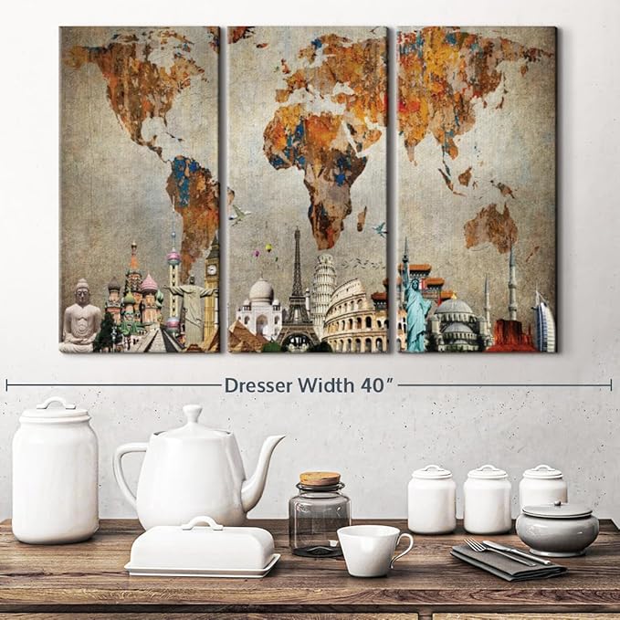 ElephantStock Rusty World Map Multi Piece Canvas - 3 Piece Canvas World Map Wall Decor - Wall Decor - Ready-to-Hang Print - Vintage Wall Art - 33" X 20"