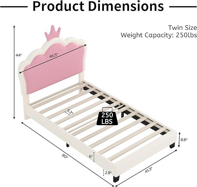 Bellemave Twin Size Princess Bed Frame with Crown Shaped Headboard for Kids,Upholstered Platform Bed with Slats Support,Twin Girls Bed,White