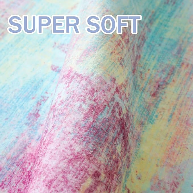 IOHOUZE Abstract Area Rugs 5x7 Ft Washable Rugs for Living Room, Non Slip Dining Room Rug, Printed Faux Wool Rugs for Bedroom, Floor Carpet for Office Nursery Playroom, Pink Teal