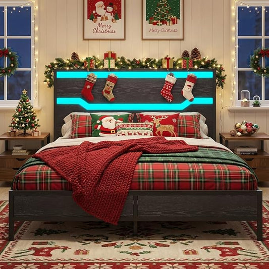Full Size Bed Frame with LED Lights & Charging Station, Bed Frame Full with Headboard,13" Under Bed Storage, Noise-Free Heavy Duty Metal Support, Modern Black