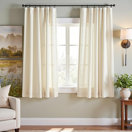 jinchan Linen Blend Curtains 63 inch Length 2 Panels for Bedroom Living Room, Semi Sheer 50 inch Wide Farmhouse Cottage Core Style Drapes with Rod Pocket Back Tab(50W x 63L, Ivory)