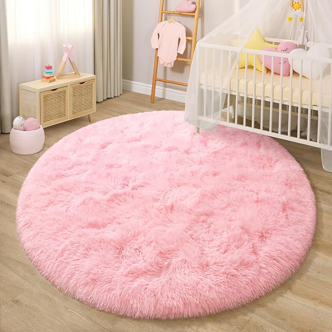 EVOIONOS Pink Round Rug for Bedroom, 5x5 Ft Fluffy Soft Circle Area Rugs for Living Room, Plush Shaggy Circular Carpet for Indoor Floor Bedside Girls Nursery, Machine-Washable Home Decor Aesthetic