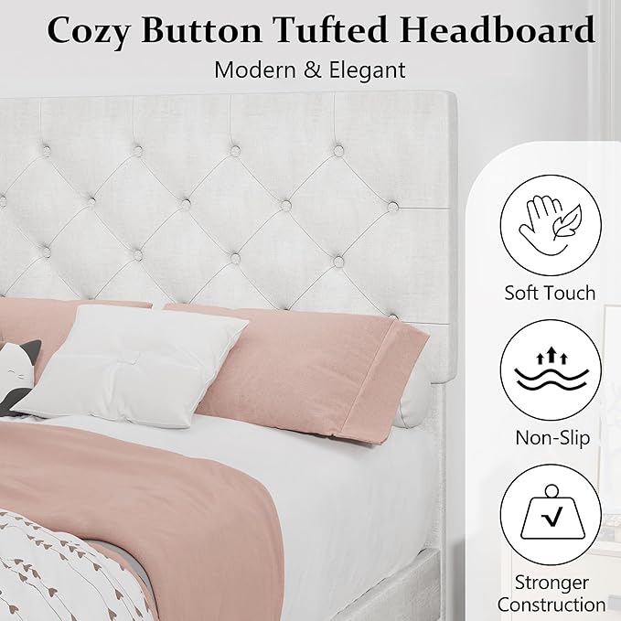 BarnFurin Twin Bed Frame, Upholstered Platform Bed with Button Tufted Headboard, Fabric Bed Frame with Wooden Slats Support, No Box Spring Required, Easy Assembly, White