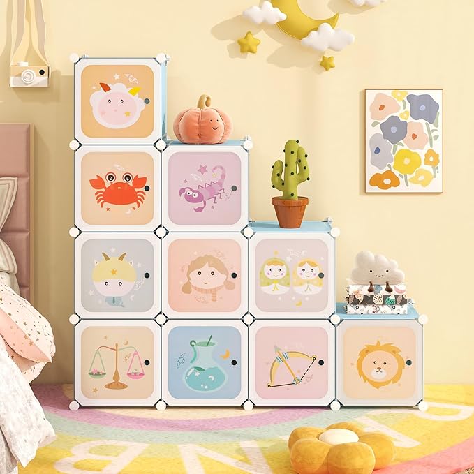 INFANS Children Wardrobe, Kid Closet Portable Baby Dresser Cute for Kids Bedroom Nursery Armoire with Doors 12 Cube 2 Hanging Sections, Kid Clothes Storage Organizer