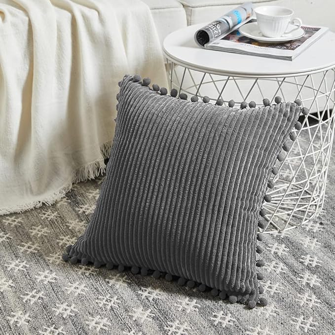 Fancy Homi Pack of 2 Dark Gray Decorative Throw Pillow Covers 26x26 Inch with Pom-poms for Couch Bed Living Room, Soft Corduroy Solid Square Cushion Case 66x66 cm, Farmhouse Boho Home Décor