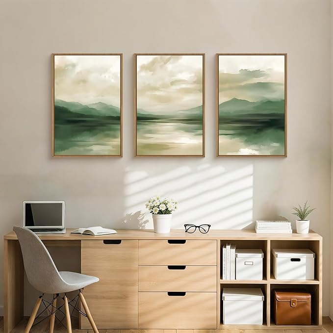 FWIEXA Sage Green Abstract Canvas Wall Art Set of 3, Framed Beige White Mountain Painting, Neutral Watercolor Landscape Prints, Nature Mountains Lake Prints, 16x24In Artwork for Living Room, Bedroom